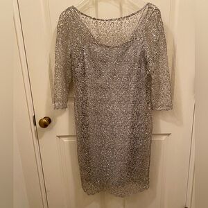 Kay Unger New York cocktail dress silver Champagne satin with sequin net overlay